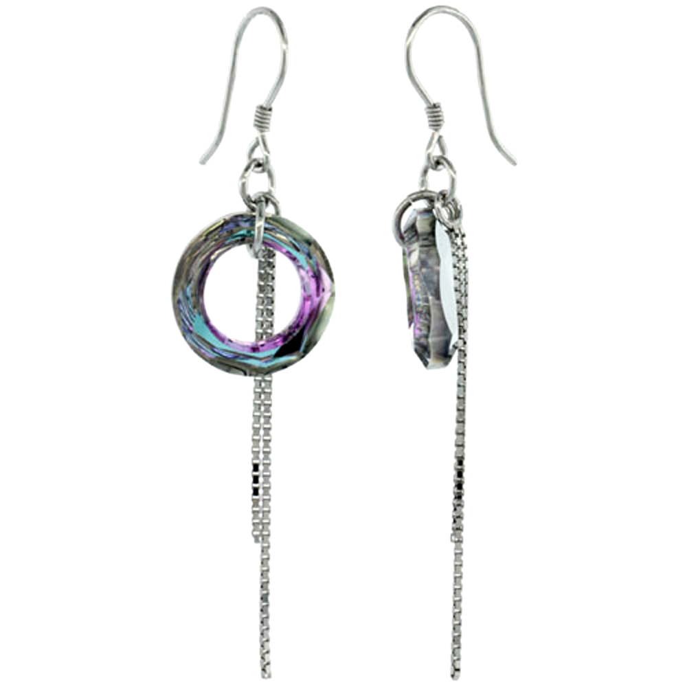 Sterling Silver Dangle Earrings w/ Purple Swarovski Crystal Doughnut 2 1/4 in. (58 mm) tall, Rhodium Finish