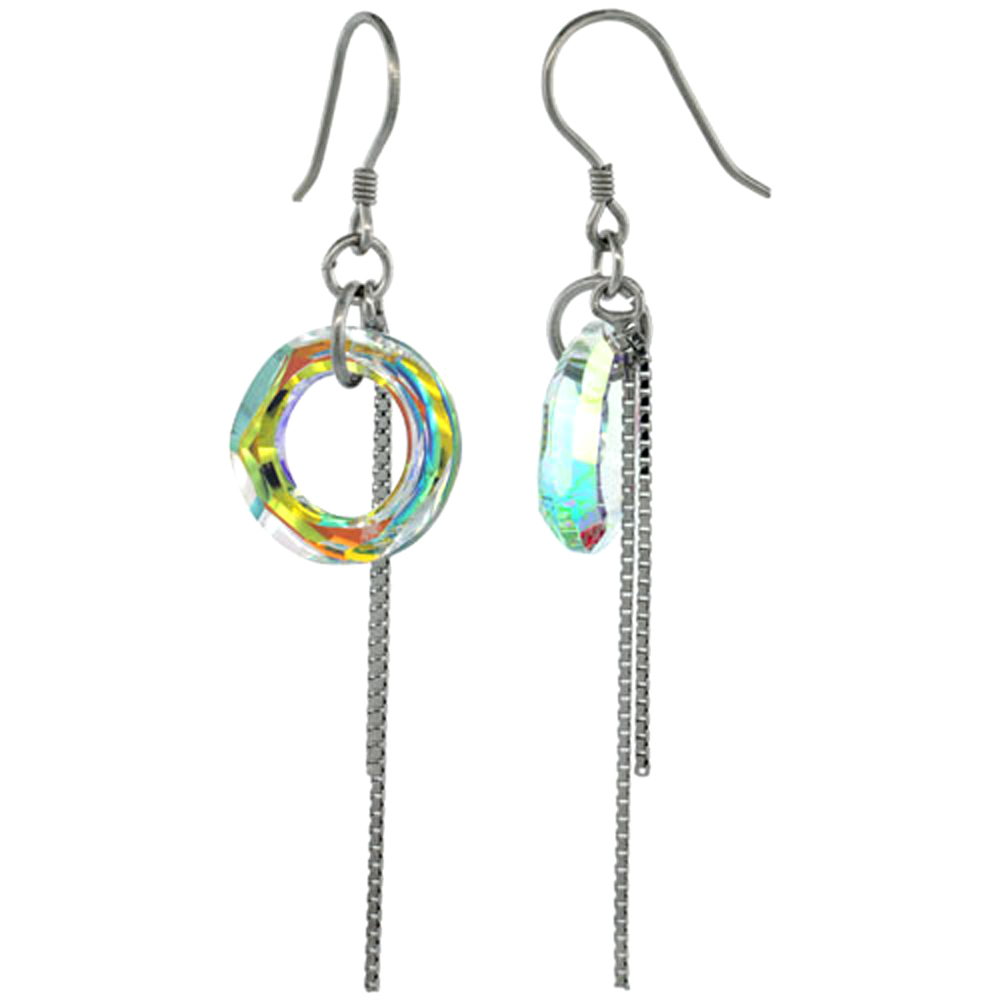 Sterling Silver Dangle Earrings w/ Yellow Swarovski Crystal Doughnut 2 1/4 in. (58 mm) tall, Rhodium Finish