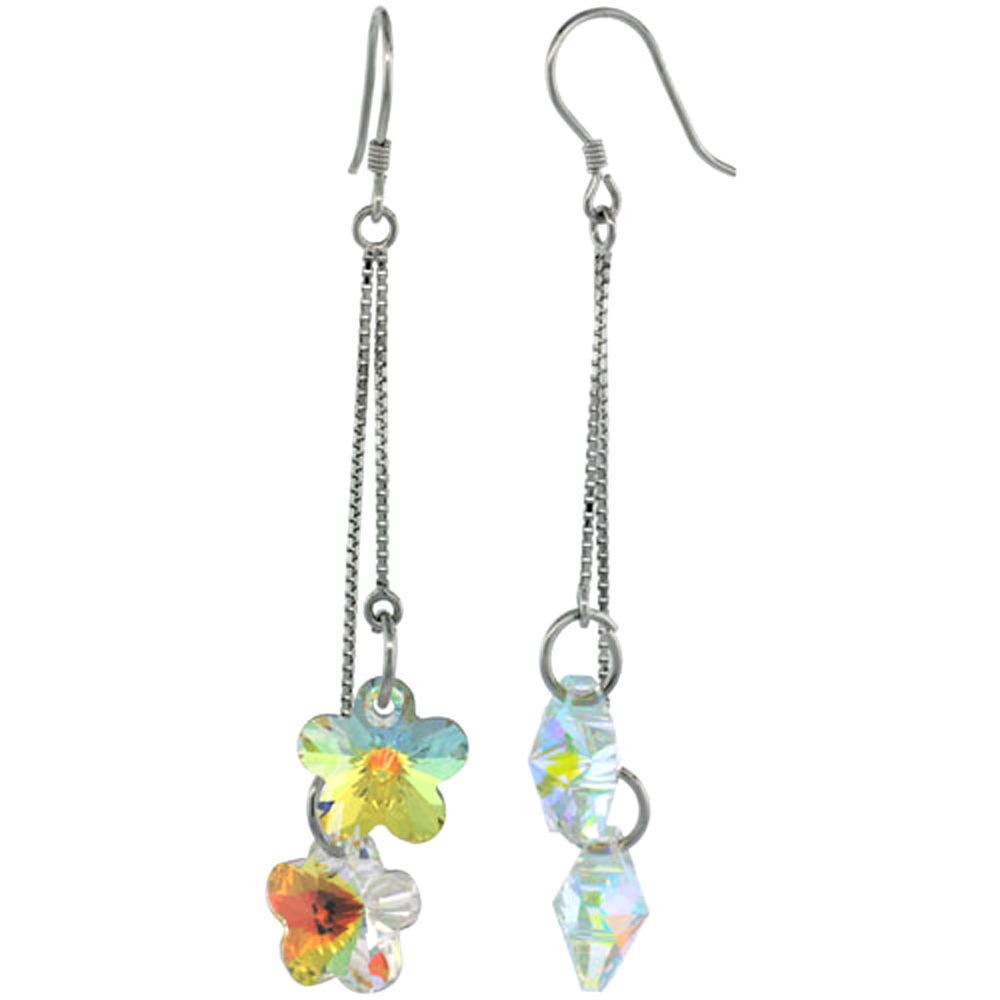 Sterling Silver Dangle Earrings w/ Yellow Swarovski Crystal Double Flower 2 5/8 in. (62 mm) tall, Rhodium Finish