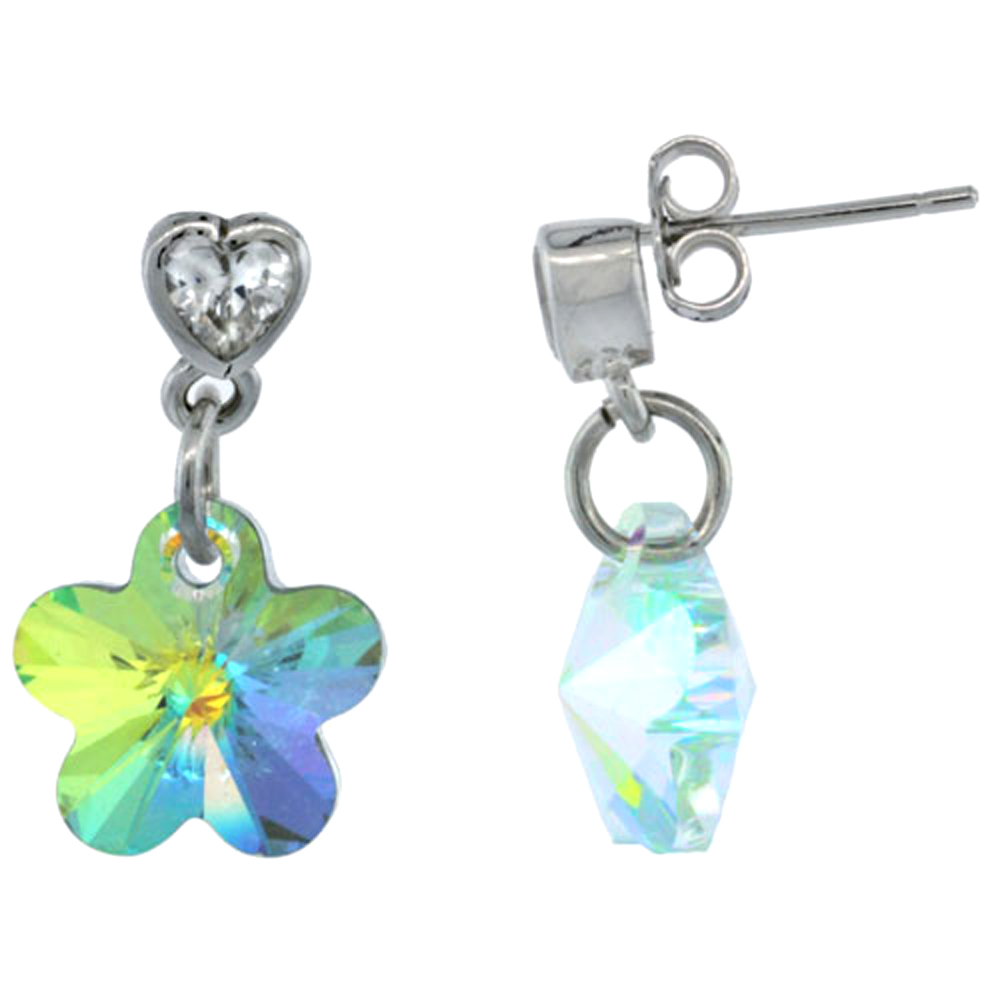 Sterling Silver Dangle Earrings w/ Yellow Swarovski Crystal Flower 13/16 in. (21 mm) tall, Rhodium Finish
