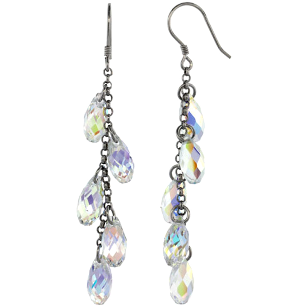 Sterling Silver Dangle Earrings w/ Yellow Swarovski Crystal 2 1/2 in. (64 mm) tall, Rhodium Finish