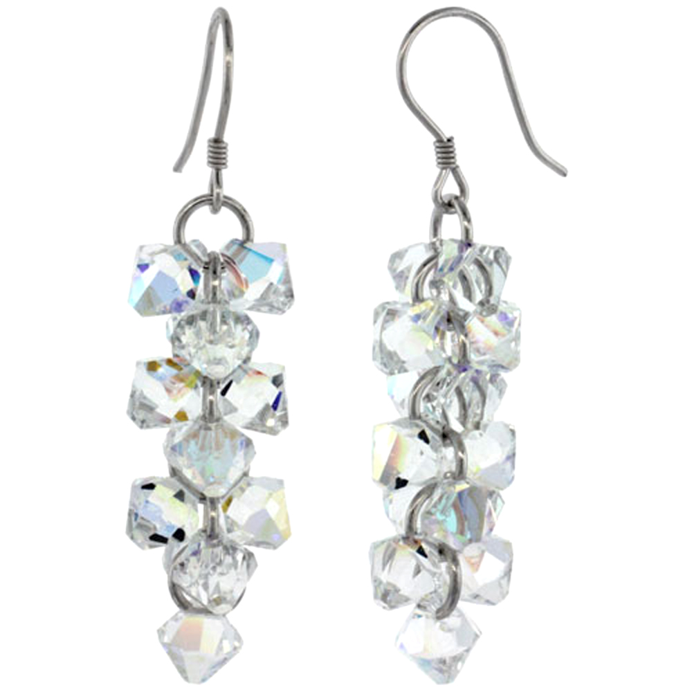 Sterling Silver Dangle Earrings w/ Yellow Swarovski Crystal Bicone Cluster 1 13/16 in. (46 mm) tall, Rhodium Finish