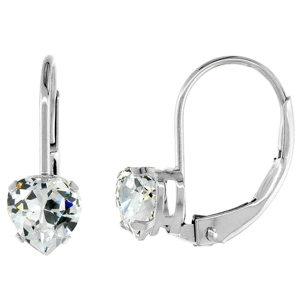 10k White Gold Cubic Zirconia Leverback Earrings 5mm Heart Shape 1 ct 9/16 inch