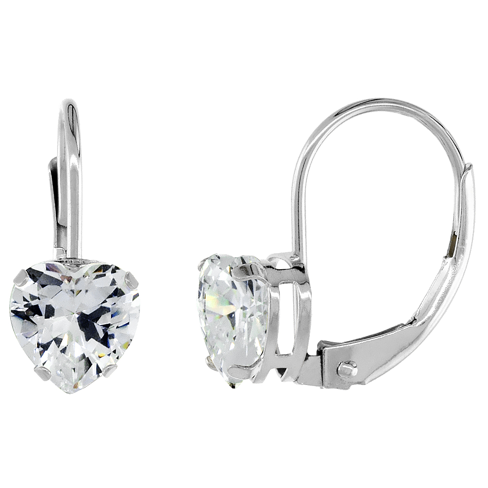 10k White Gold Cubic Zirconia Leverback Earrings 6mm Heart Shape 1.5 ct 9/16 inch