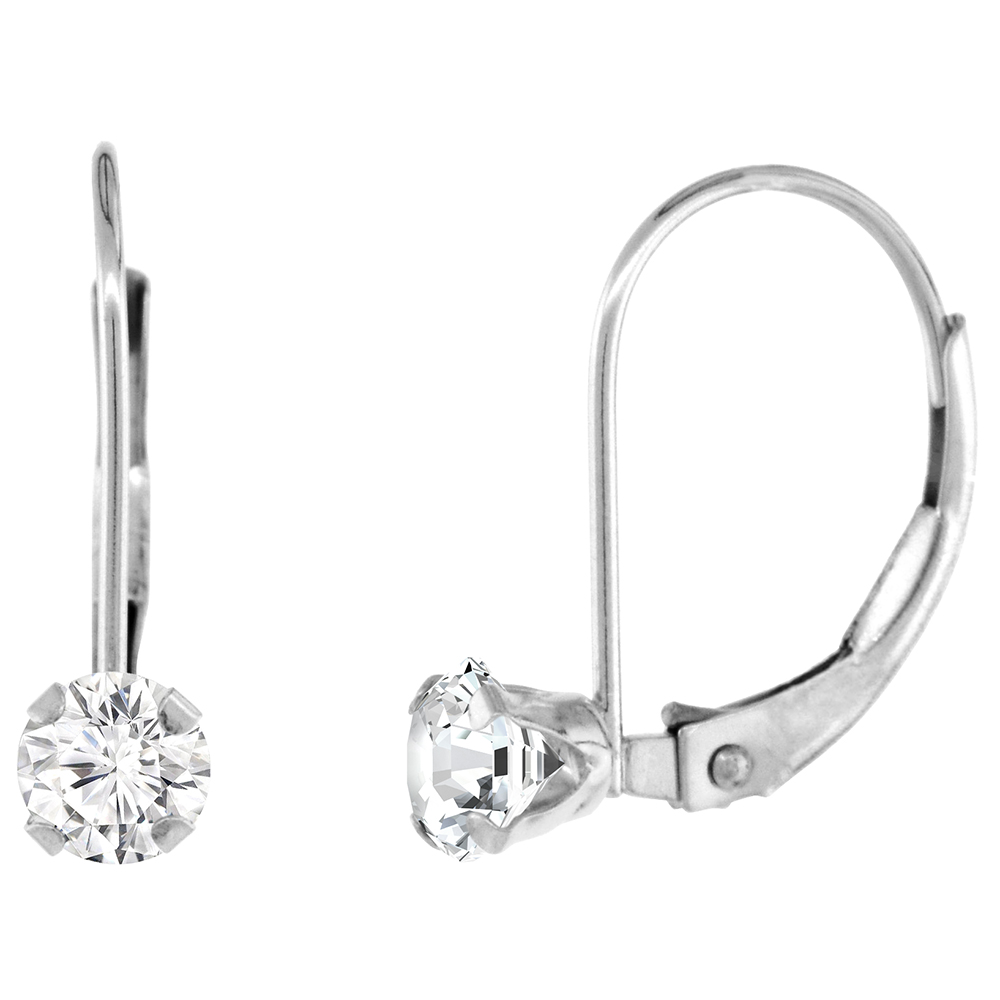 4mm 10k White Gold Cubic Zirconia Leverback Earrings Round 0.50 ct 9/16 inch