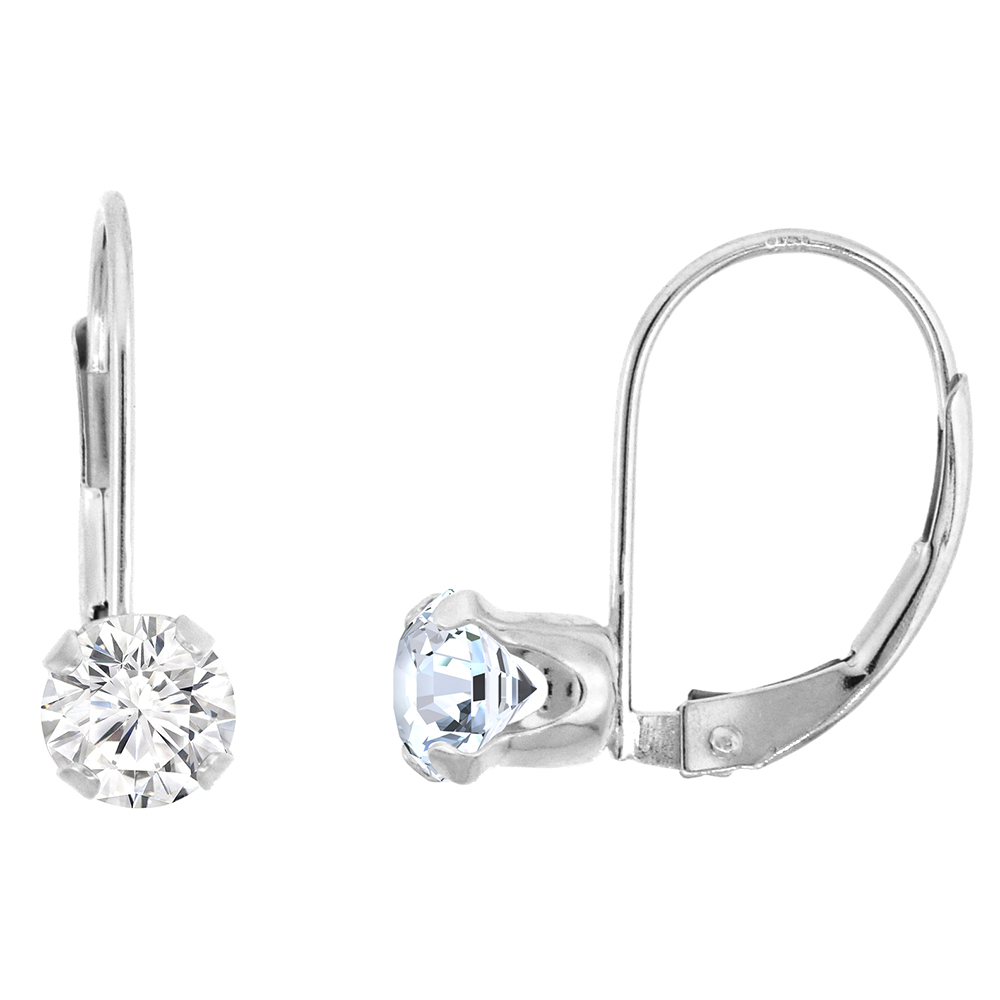 5mm 10k White Gold Cubic Zirconia Leverback Earrings Round 1 ct 9/16 inch