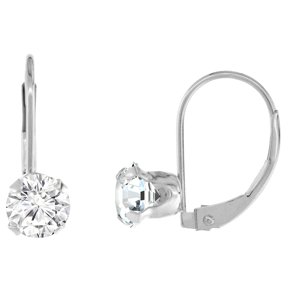 10k White Gold Cubic Zirconia Leverback Earrings 6mm Round 1.5 ct 9/16 inch