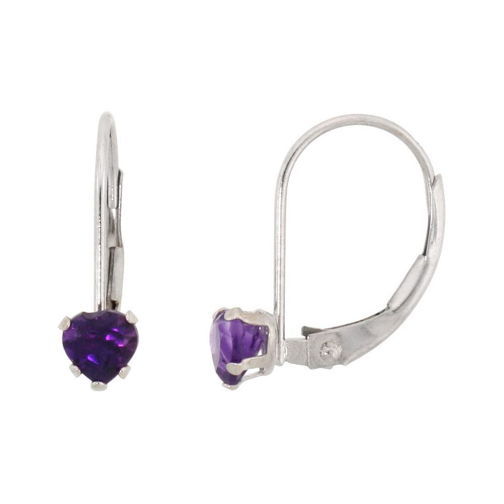 10k White Gold Natural Amethyst Leverback Earrings 4mm Heart Shape 0.50 ct 9/16 inch