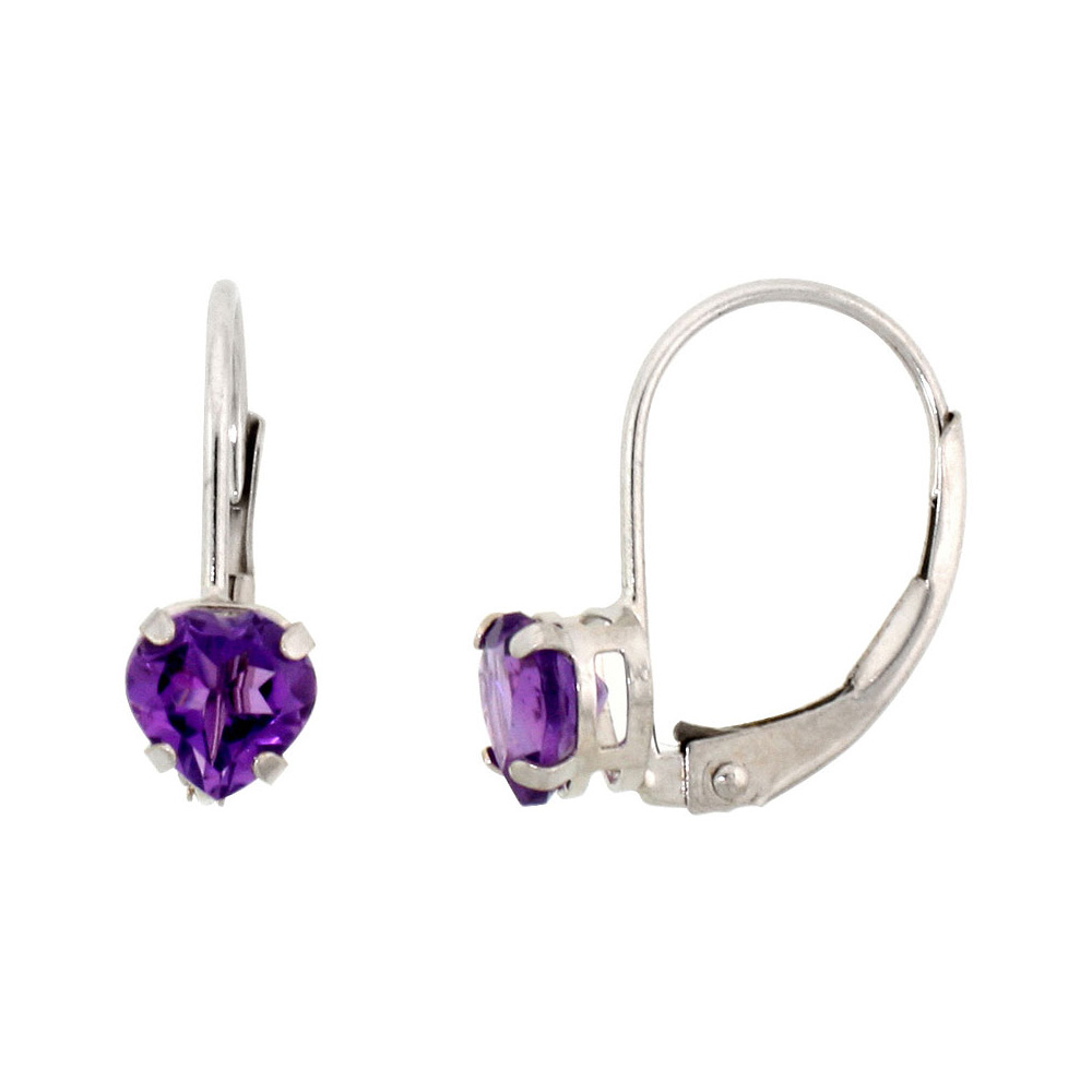 10k White Gold Natural Amethyst Leverback Earrings 5mm Heart Shape 1 ct 9/16 inch