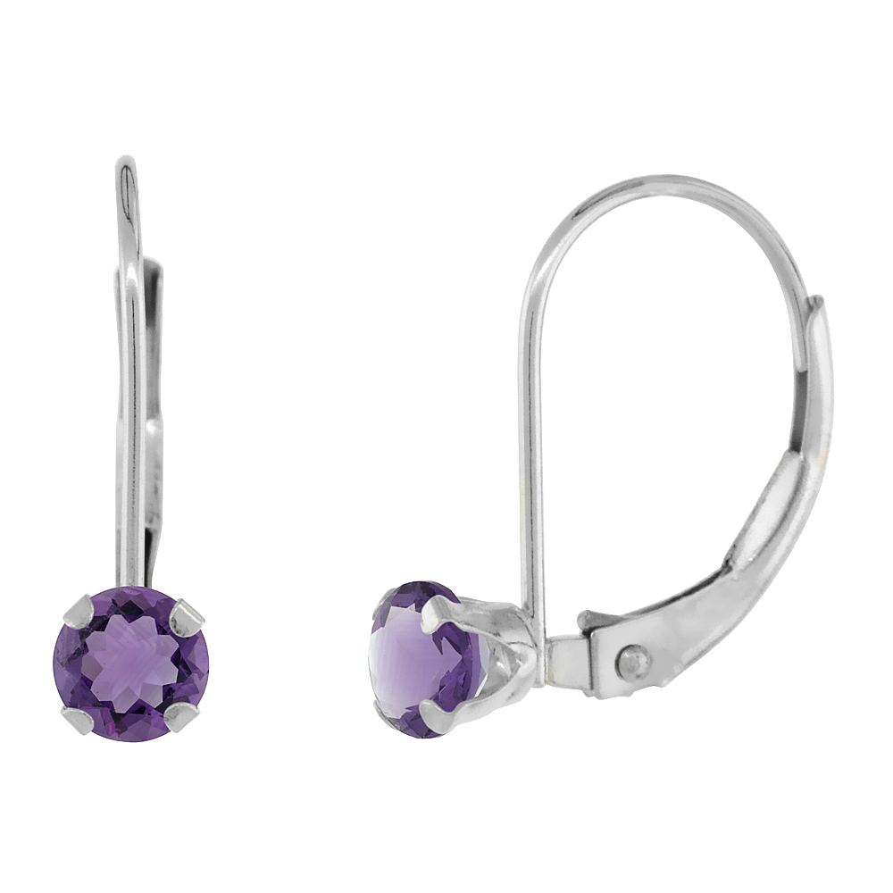 10k White Gold Natural Amethyst Leverback Earrings 4mm Round 0.50 ct 9/16 inch