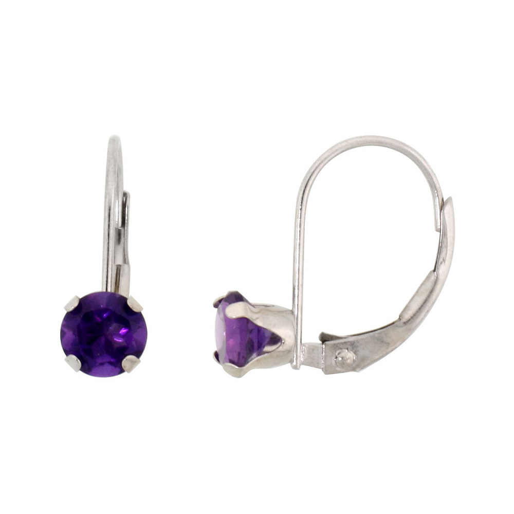 10k White Gold Natural Amethyst Leverback Earrings 5mm Round 1 ct 9/16 inch