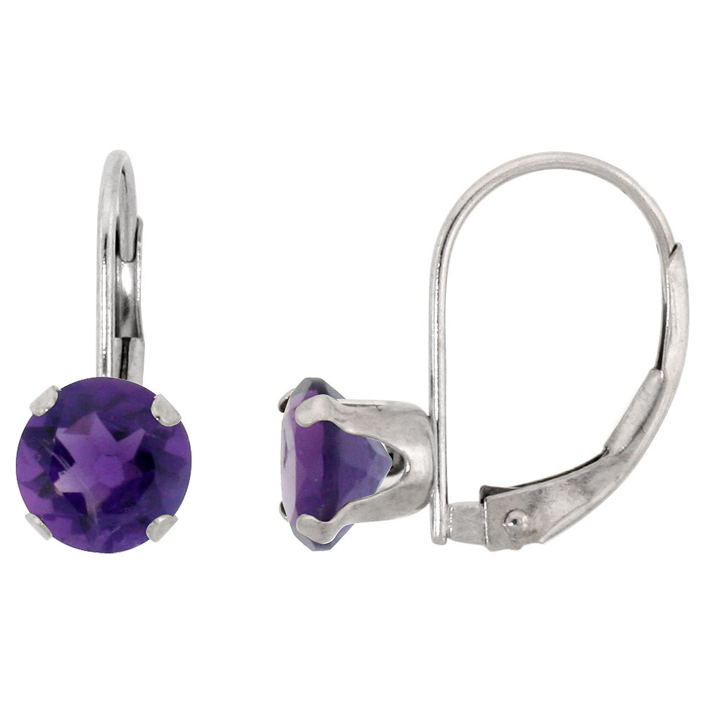 10k White Gold Natural Amethyst Leverback Earrings 6mm Round 1.5 ct 9/16 inch