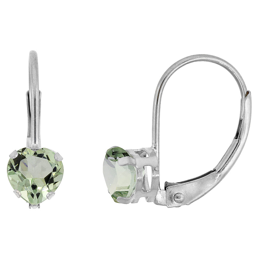 10k White Gold Natural Green Amethyst Leverback Earrings 5mm Heart Shape 1 ct 9/16 inch