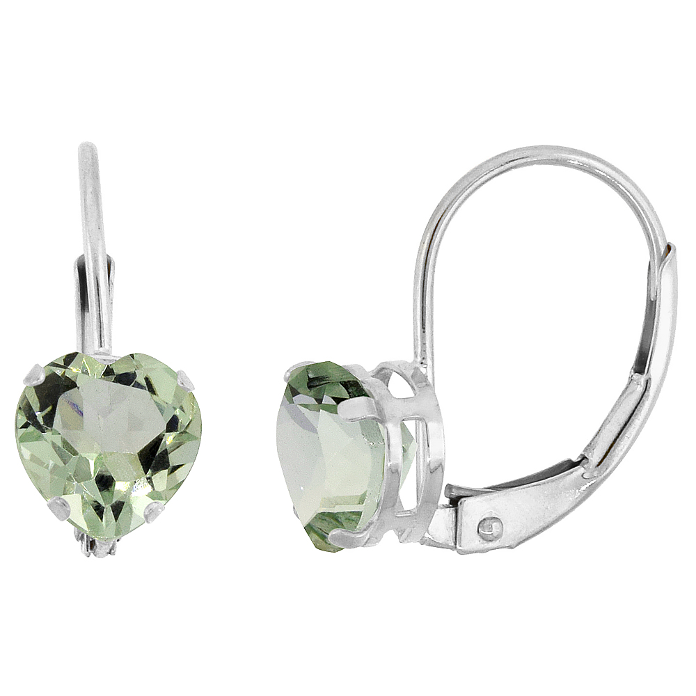 10k White Gold Natural Green Amethyst Leverback Earrings 6mm Heart Shape 1.5 ct 9/16 inch