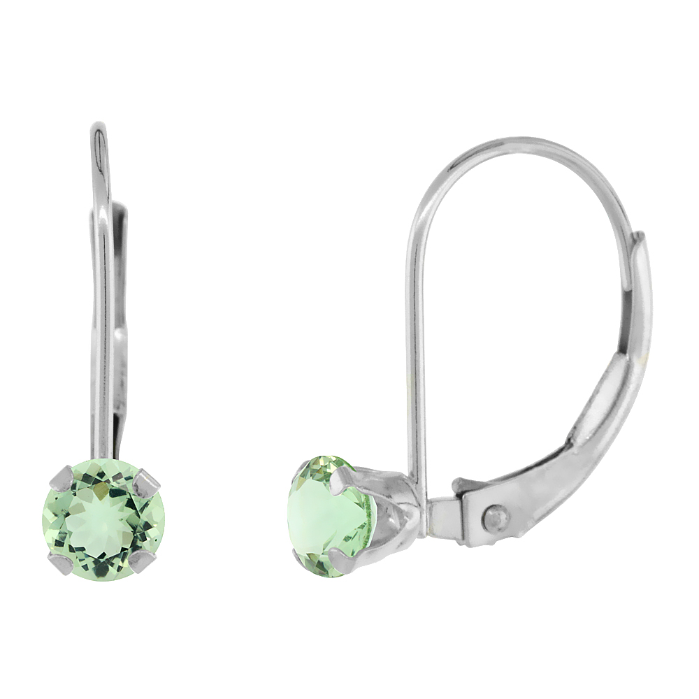 10k White Gold Natural Green Amethyst Leverback Earrings 4mm Round 0.50 ct 9/16 inch