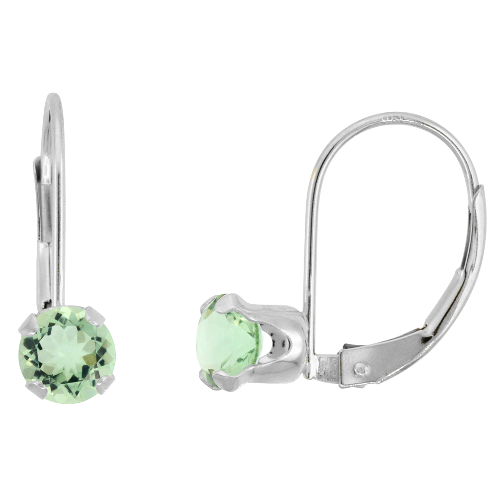 10k White Gold Natural Green Amethyst Leverback Earrings 5mm Round 1 ct 9/16 inch
