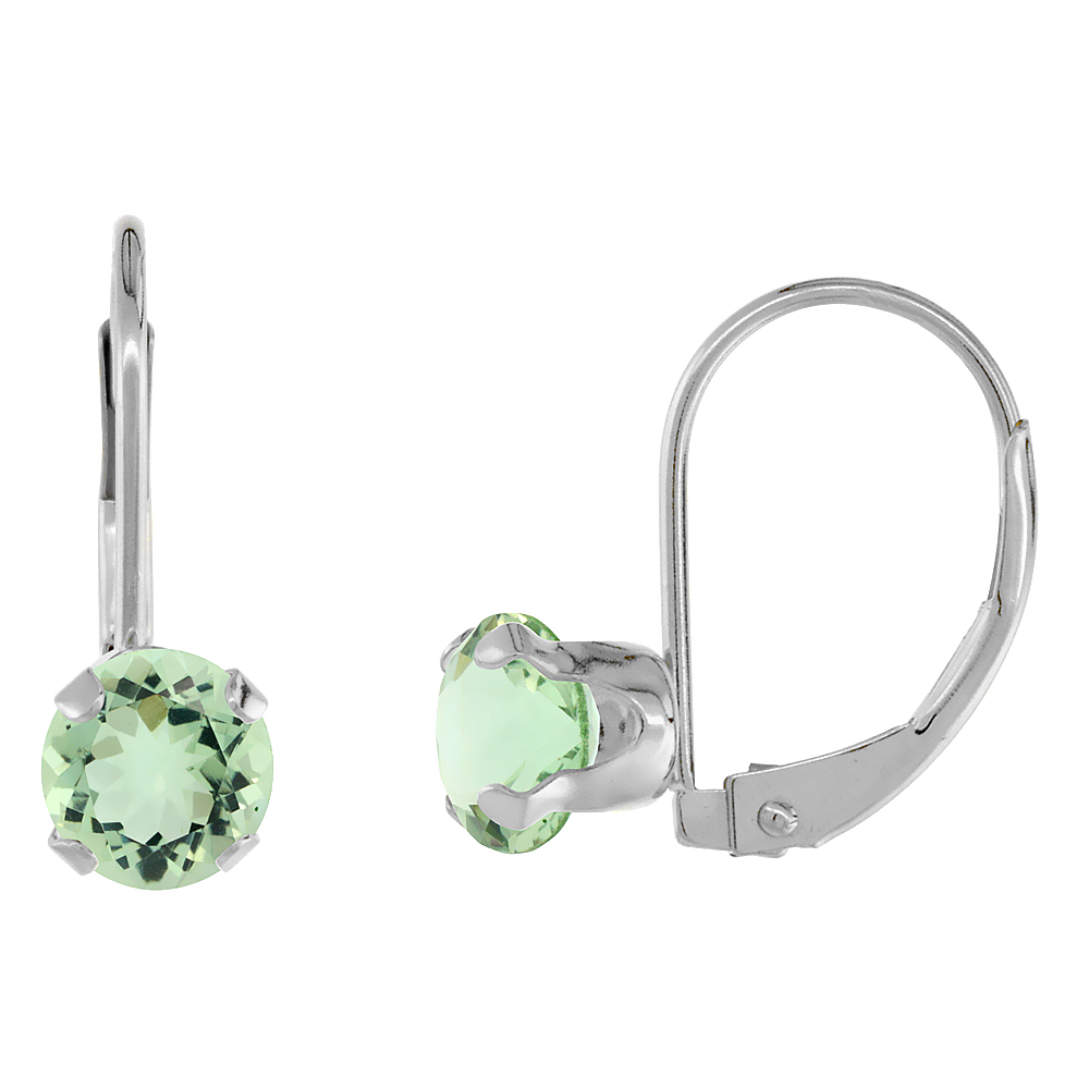 10k White Gold Natural Green Amethyst Leverback Earrings 6mm Round 1.5 ct 9/16 inch