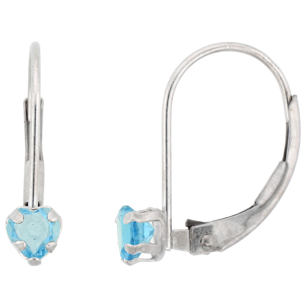 10k White Gold Natural Blue Topaz Leverback Earrings 4mm Heart Shape 0.50 ct 9/16 inch