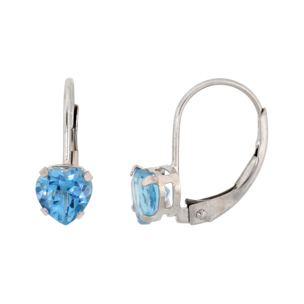 10k White Gold Natural Blue Topaz Leverback Earrings 5mm Heart Shape 1 ct 9/16 inch