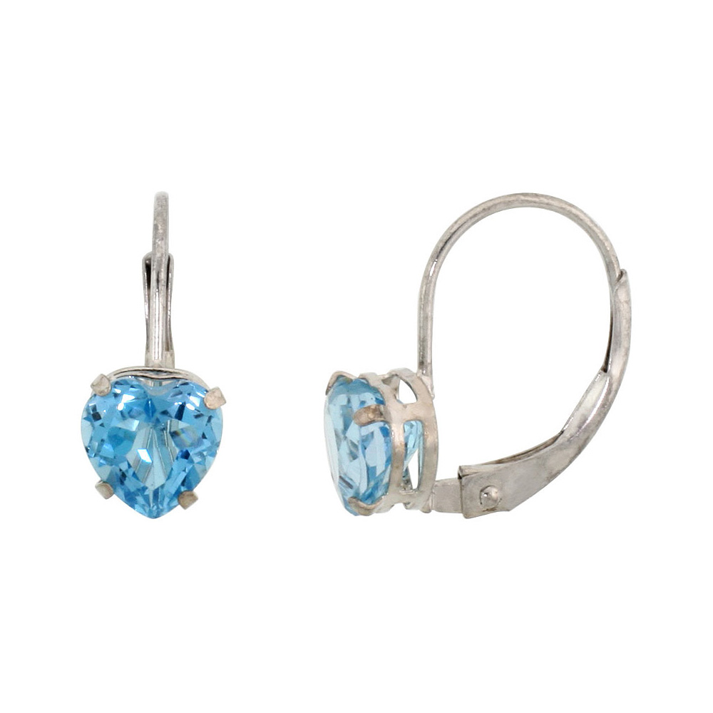 10k White Gold Natural Blue Topaz Leverback Earrings 6mm Heart Shape 1.5 ct 9/16 inch