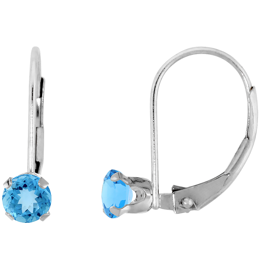 10k White Gold Natural Swiss Blue Topaz Leverback Earrings 3mm Round 0.22 ct 9/16 inch