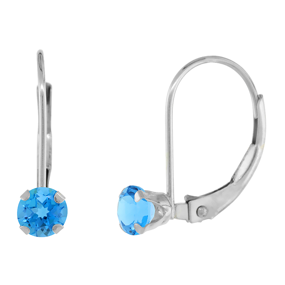 10k White Gold Natural Swiss Blue Topaz Leverback Earrings 4mm Round 0.50 ct 9/16 inch