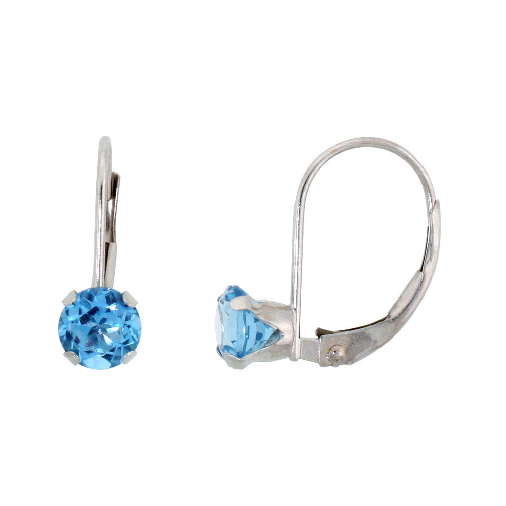 10k White Gold Natural Swiss Blue Topaz Leverback Earrings 5mm Round 1 ct 9/16 inch