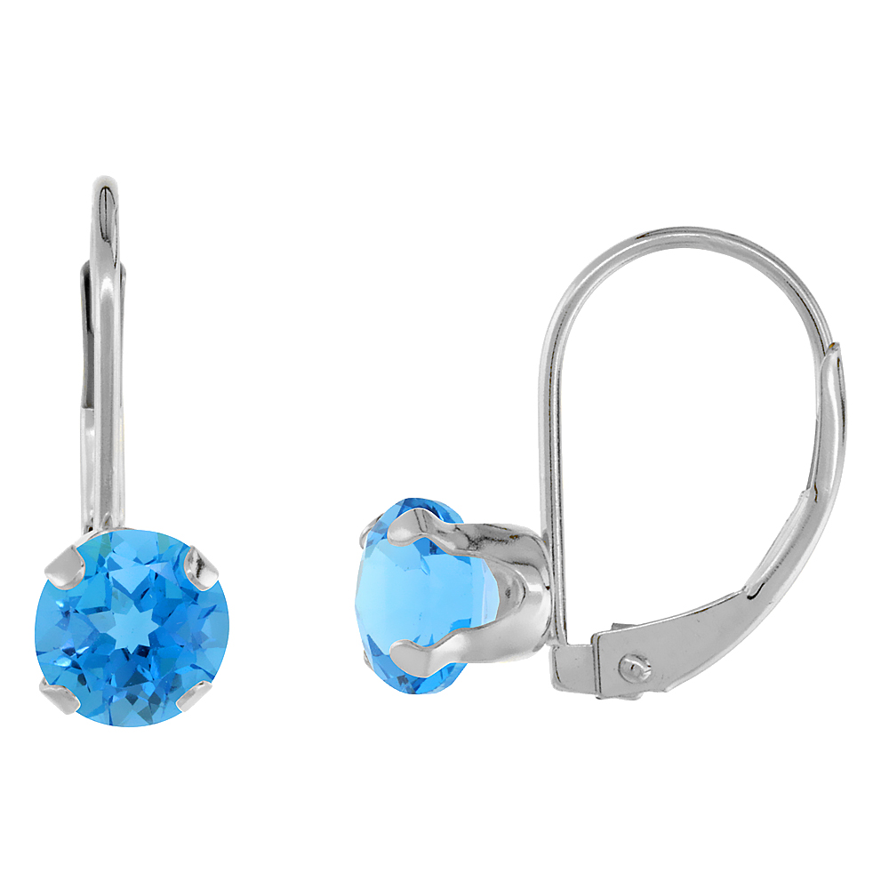 10k White Gold Natural Swiss Blue Topaz Leverback Earrings 6mm Round 1.5 ct 9/16 inch