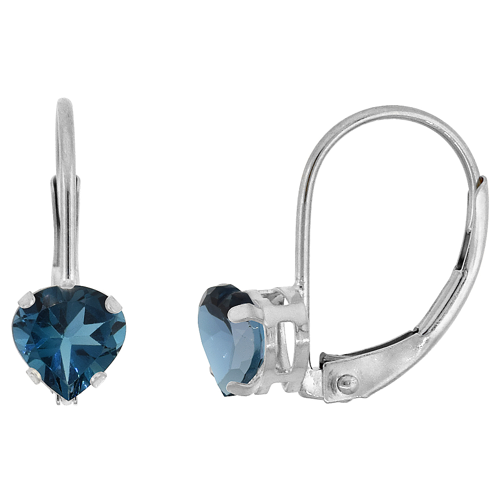 10k White Gold Natural London Blue Topaz Leverback Earrings 5mm Heart Shape 1 ct 9/16 inch