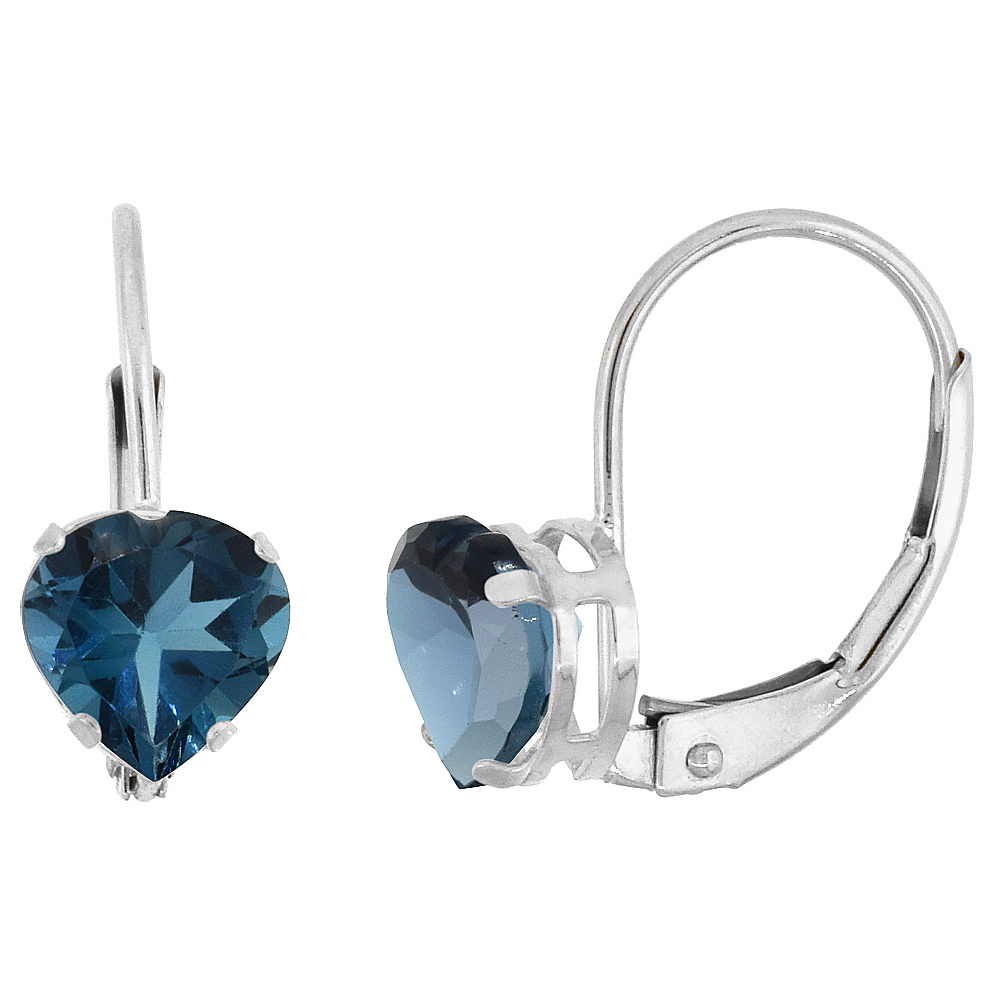 10k White Gold Natural London Blue Topaz Leverback Earrings 6mm Heart Shape 1.5 ct 9/16 inch