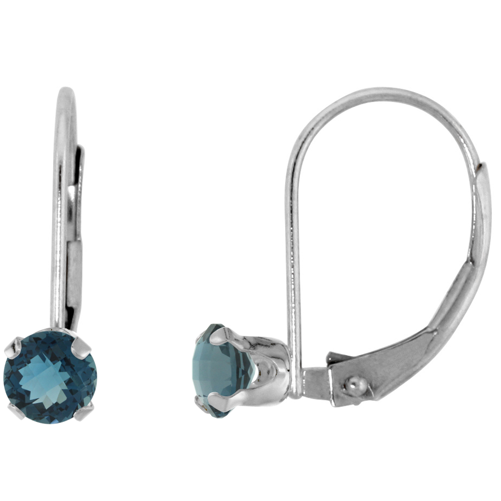 10k White Gold Natural London Blue Topaz Leverback Earrings 3mm Round 0.22 ct 9/16 inch