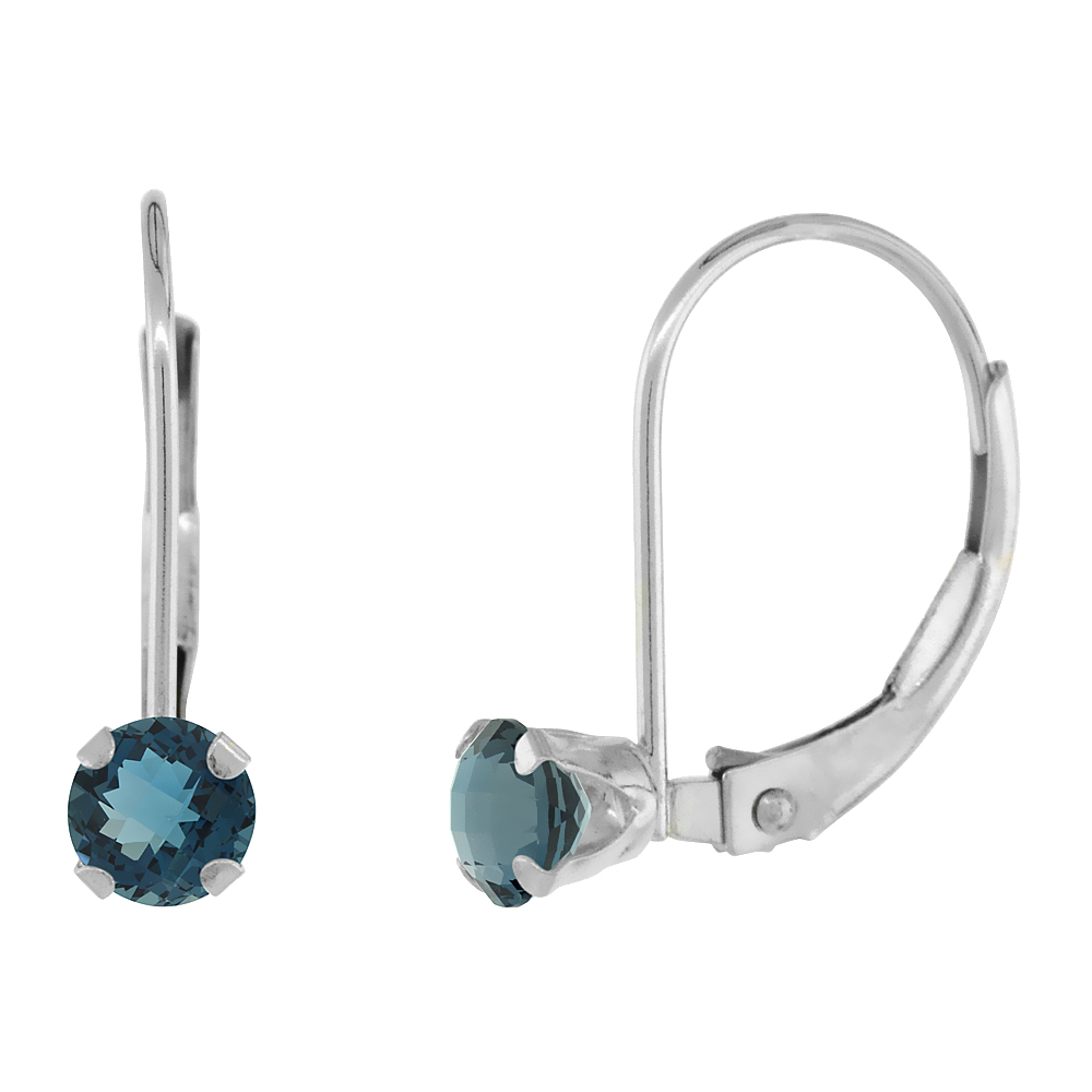 10k White Gold Natural London Blue Topaz Leverback Earrings 4mm Round 0.50 ct 9/16 inch