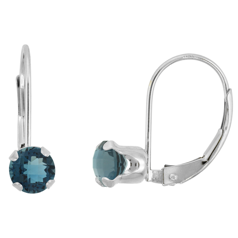 10k White Gold Natural London Blue Topaz Leverback Earrings 5mm Round 1 ct 9/16 inch