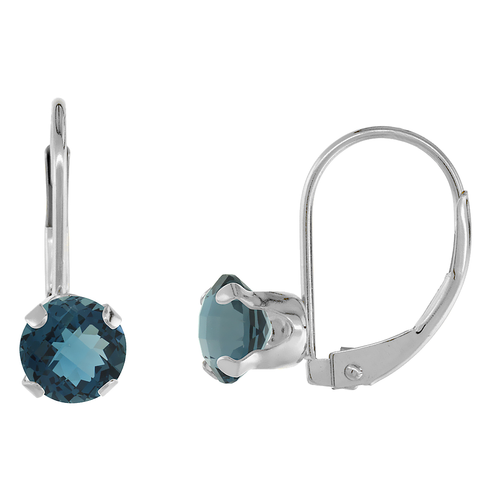 10k White Gold Natural London Blue Topaz Leverback Earrings 6mm Round 1.5 ct 9/16 inch