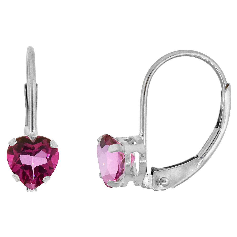 10k White Gold Natural Pink Topaz Leverback Earrings 5mm Heart Shape 1 ct 9/16 inch