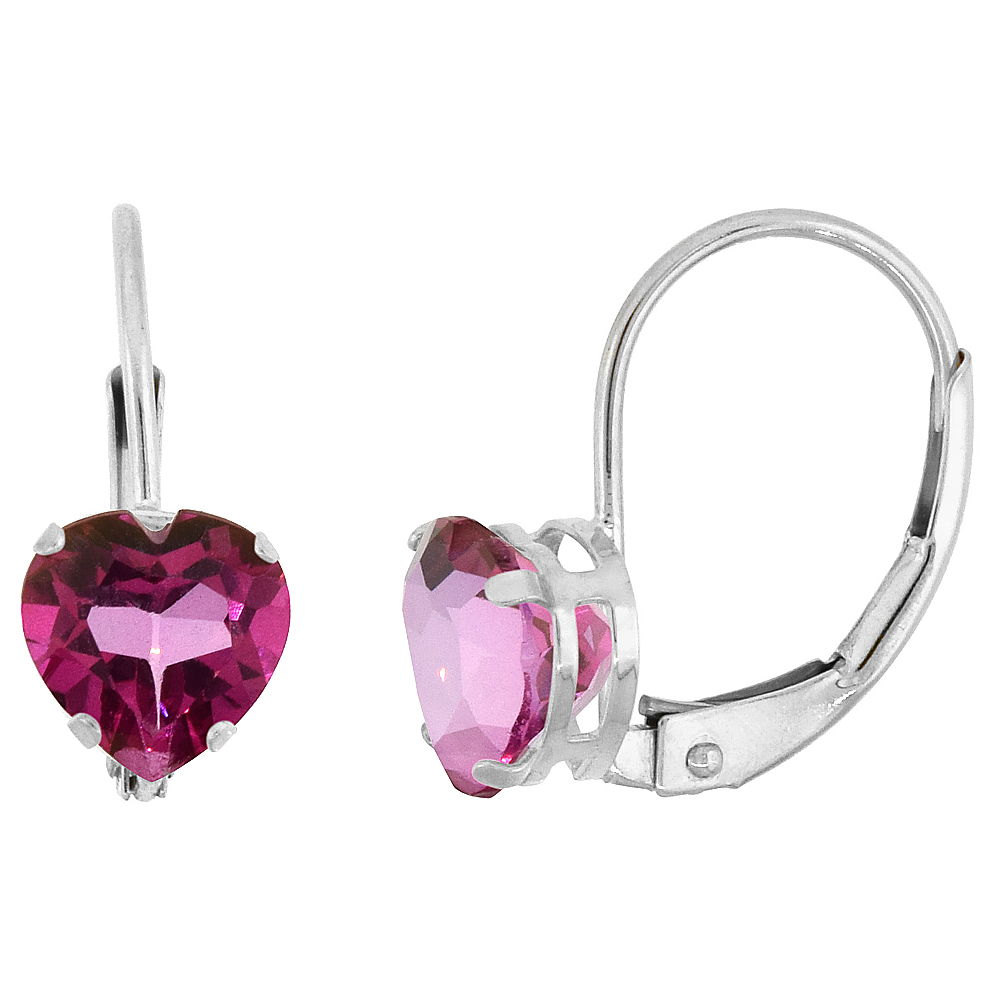10k White Gold Natural Pink Topaz Leverback Earrings 6mm Heart Shape 1.5 ct 9/16 inch