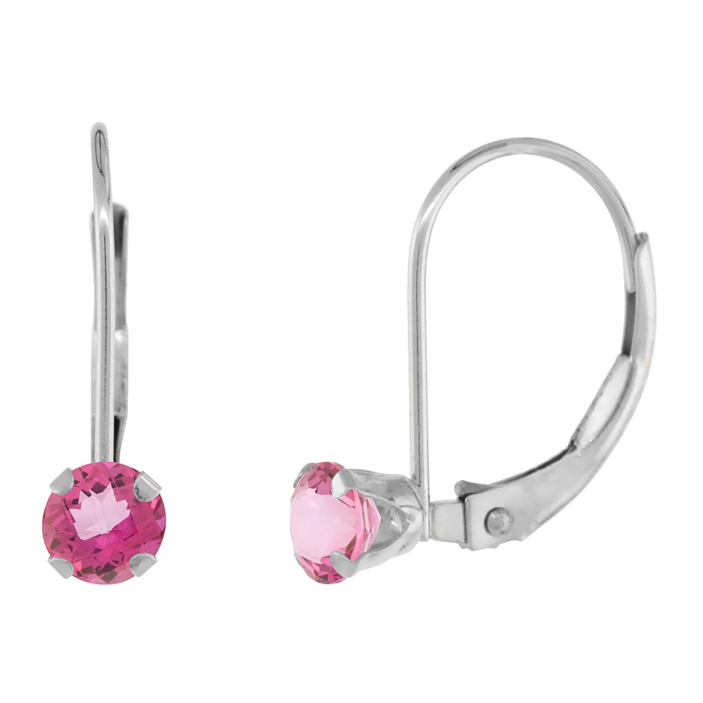 10k White Gold Natural Pink Topaz Leverback Earrings 4mm Round 0.50 ct 9/16 inch