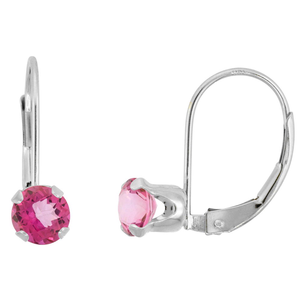 10k White Gold Natural Pink Topaz Leverback Earrings 5mm Round 1 ct 9/16 inch