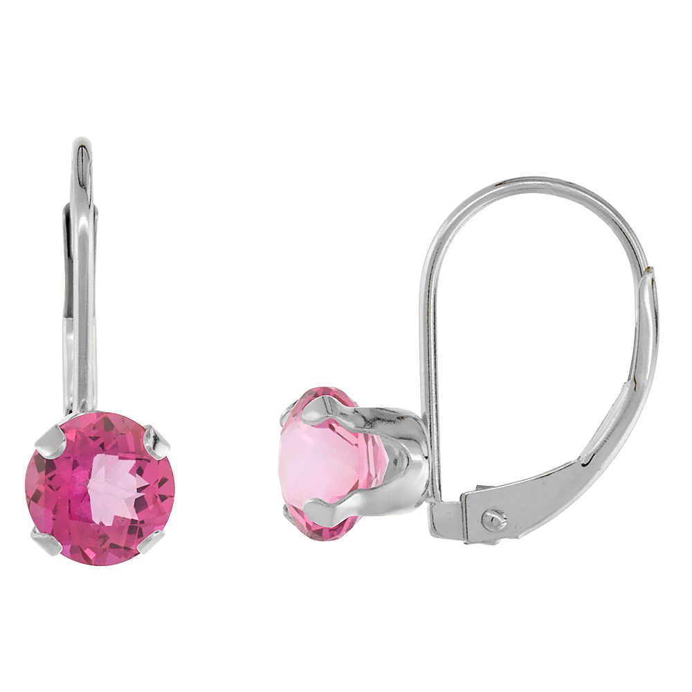 10k White Gold Natural Pink Topaz Leverback Earrings 6mm Round 1.5 ct 9/16 inch