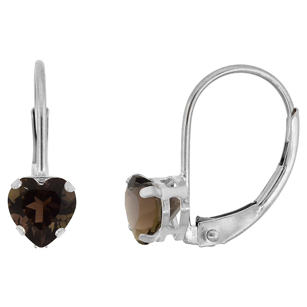 10k White Gold Natural Smoky Topaz Leverback Earrings 5mm Heart Shape 1 ct 9/16 inch