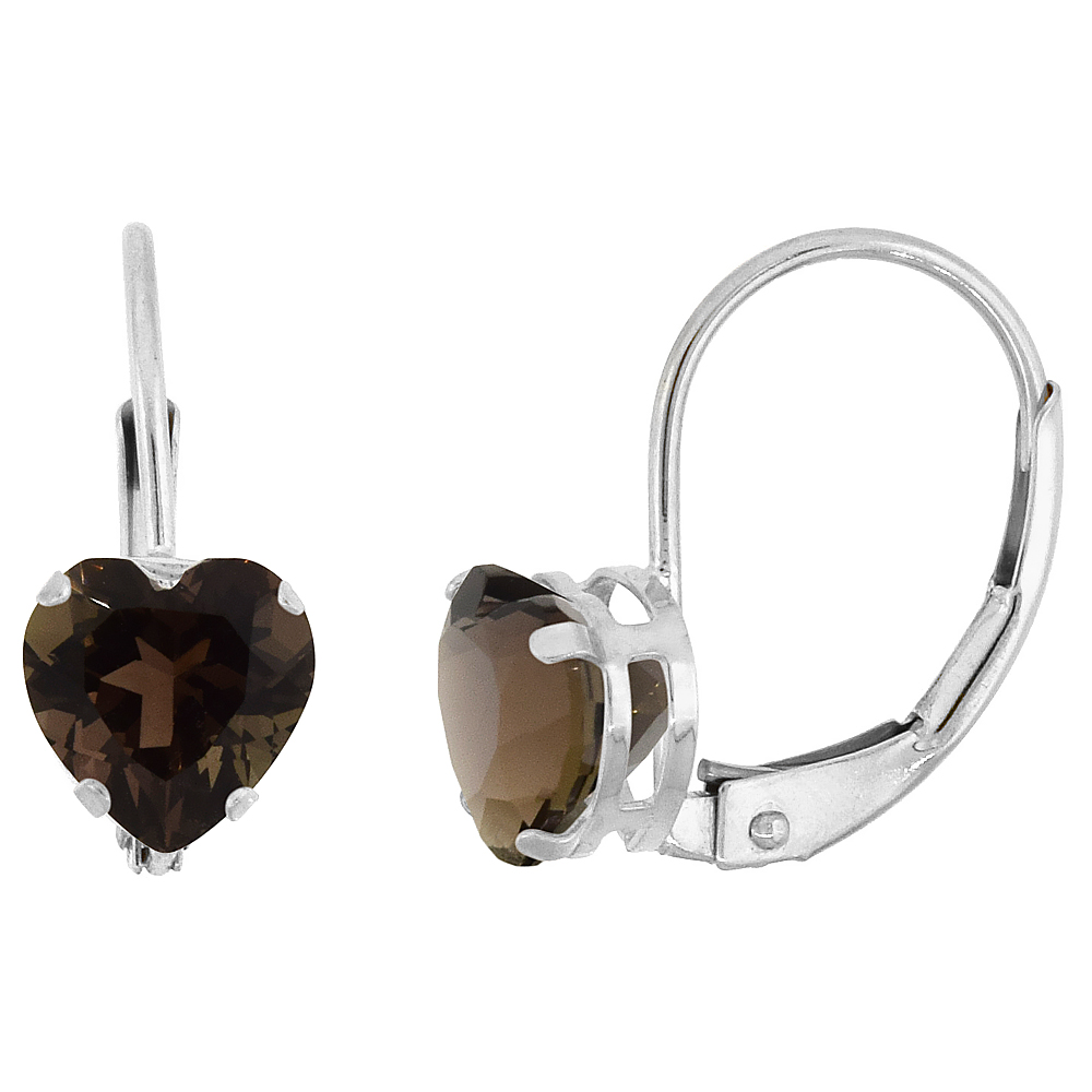 10k White Gold Natural Smoky Topaz Leverback Earrings 6mm Heart Shape 1.5 ct 9/16 inch
