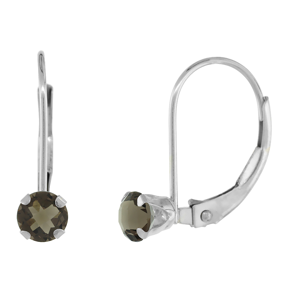10k White Gold Natural Smoky Topaz Leverback Earrings 4mm Round 0.50 ct 9/16 inch