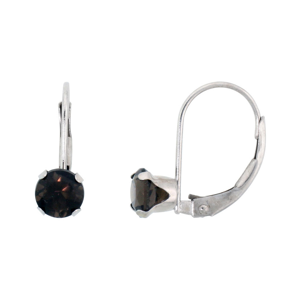 10k White Gold Natural Smoky Topaz Leverback Earrings 5mm Round 1 ct 9/16 inch