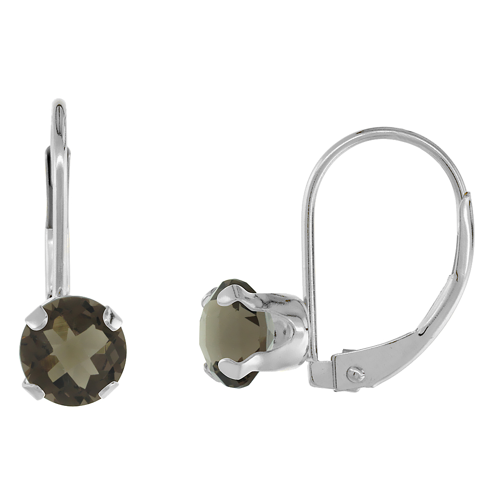 10k White Gold Natural Smoky Topaz Leverback Earrings 6mm Round 1.5 ct 9/16 inch