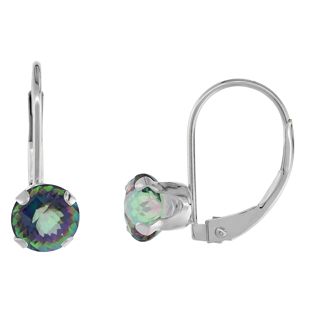 10k White Gold Natural Mystic Topaz Leverback Earrings 6mm Round 1.5 ct 9/16 inch