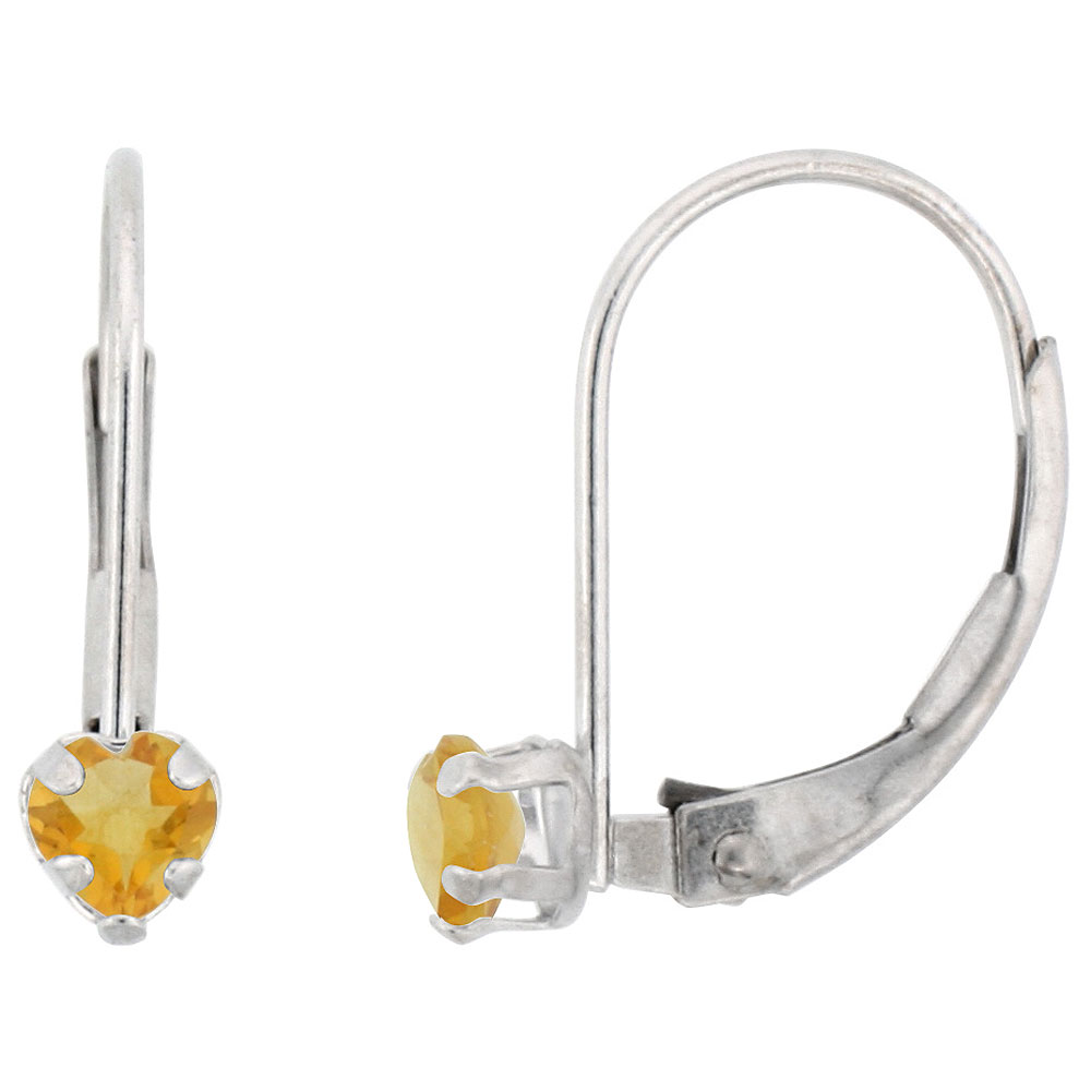 10k White Gold Natural Citrine Leverback Earrings 4mm Heart Shape 0.50 ct 9/16 inch