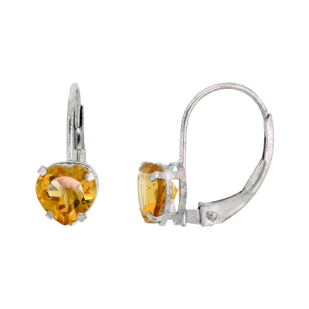 10k White Gold Natural Citrine Leverback Earrings 6mm Heart Shape 1.5 ct 9/16 inch