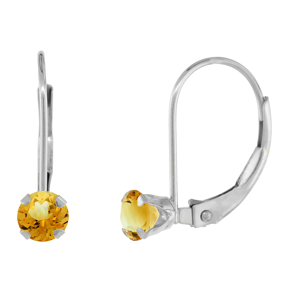 10k White Gold Natural Citrine Leverback Earrings 4mm Round 0.50 ct 9/16 inch