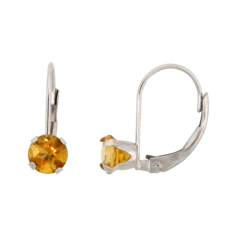 10k White Gold Natural Citrine Leverback Earrings 5mm Round 1 ct 9/16 inch