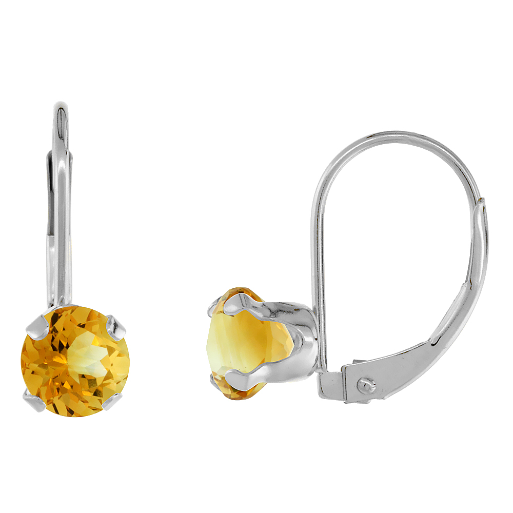 10k White Gold Natural Citrine Leverback Earrings 6mm Round 1.5 ct 9/16 inch
